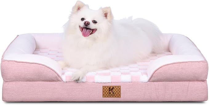 KSIIA Waterproof Dog Bed Orthopedic for XL Senior Dog Couch with Sides, Extra Thick Supportive Pet Bed Sofa with Soft Plush Cover and Non-Slip Bottom, 48 x 35 Inch, Pink