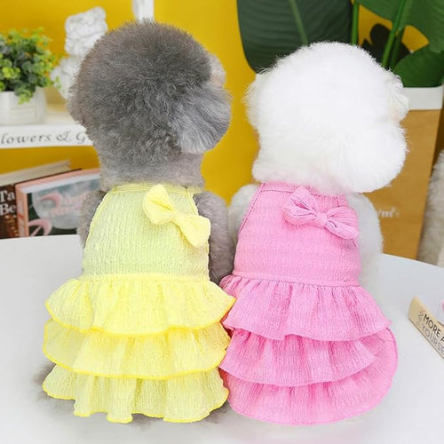 2 Pack Summer Dog Dresses with Bow Girl Puppy Clothes for Small Dog Spring Cat Outfit Sleeveless Pet Tiered Layered Cake Dress for Kitten Chihuahua Pomeranian Yorkie (Pink Yellow, Medium)