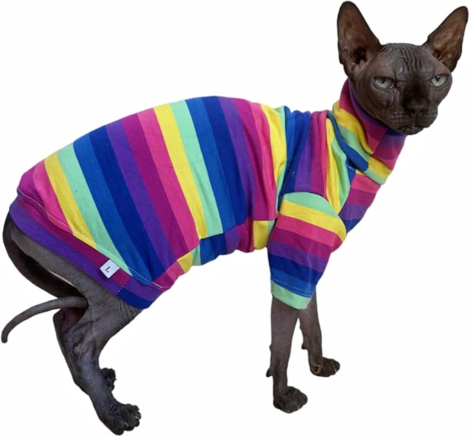 Vintage Stripes Sphynx Hairless Cats Shirt Cotton Cat Turtleneck Pet Clothes Kitten T-Shirts with Sleeves for Sphynx Cornish Rex, Devon Rex, Peterbald (Rainbow Stripe, X-Small (Pack of 1))