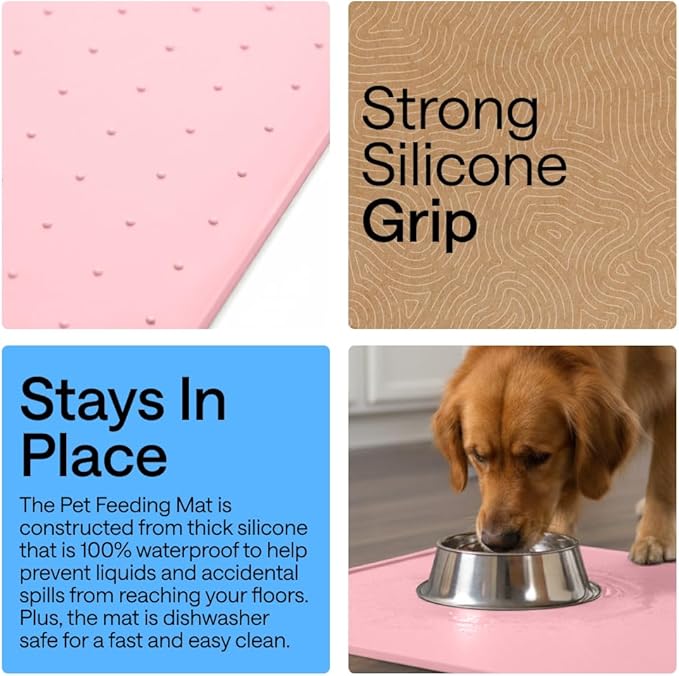 GORILLA GRIP 100% Waterproof Raised Edge BPA Free Silicone Pet Feeding Mat, Dog Cat Food Mats Contain Spills Protects Floors, Placemats for Cats and Dogs Water Bowl, Pets Accessories 28x18 Pink
