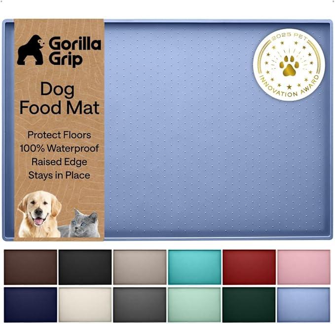 GORILLA GRIP 100% Waterproof Raised Edge BPA Free Silicone Pet Feeding Mat, Dog Cat Food Mats Contain Spills Protects Floors, Placemats for Cats and Dogs Water Bowl, Pets Accessories 18.5x11.5 Blue