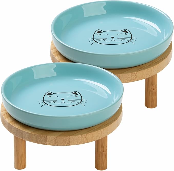 Lusifaco Shallow Elevated Cat Bowls,5.9 Inch Wide Raised Ceramic Cat Dishes with Bamboo Stand, Whisker Friendly Pet Water or Food Plates Feeding Station for Indoor Cats, Kitten (Blue,Set of 2)