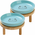 Lusifaco Shallow Elevated Cat Bowls,5.9 Inch Wide Raised Ceramic Cat Dishes with Bamboo Stand, Whisker Friendly Pet Water or Food Plates Feeding Station for Indoor Cats, Kitten (Blue,Set of 2)
