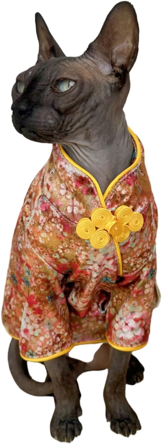 Traditional Culture Sphynx Hairless Cat Cotton T-Shirts Cats Clothes Pet Sweater Cat Vest Pet Clothes Kitten Shirts Small Dogs Apparel (Gypsophila, XXL (13-15 lbs))