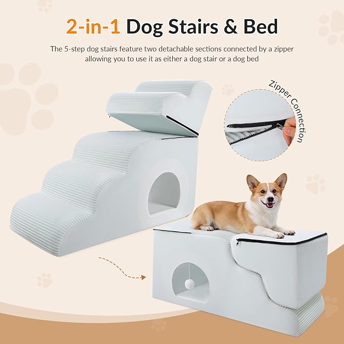 Dog Stairs for High Beds Up to 30" H with Tunnel,Extra Height 27.5" 5-Step Pet Steps for Small Dogs and Cats, Non-Slip Sturdy Dog Ramp with Anti-Tip Safety Strap and Removable Cover