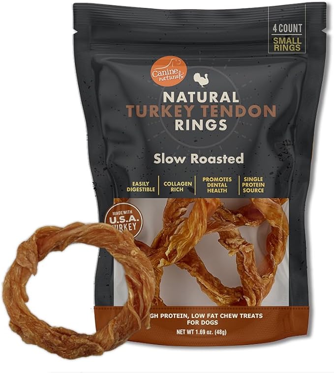 Canine Naturals Natural Turkey Tendon Rings - Slow Roasted Treats for Dogs - 4 Count