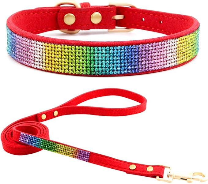 Haoyueer Cute Dazzling Sparkling Elegant Fancy Soft Suede Leather Bling Rhinestone Crystal Jeweled Pet Cat Dog Puppy Collar Dog Leash Combo Set (XS, Red-3)