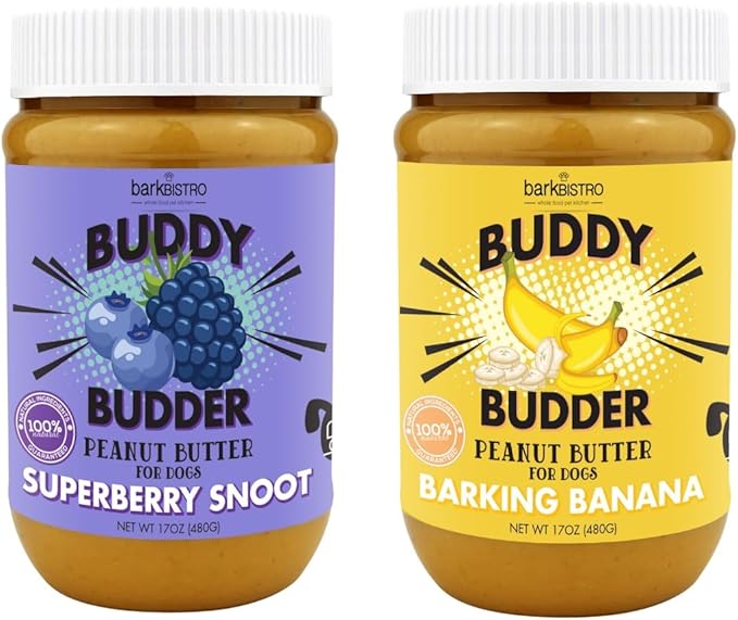 Superberry Snoot + Barkin Banana Buddy Budder, 100% Natural Dog Peanut Butter, Dog Treat, Made in USA (Set of 2, 17oz)