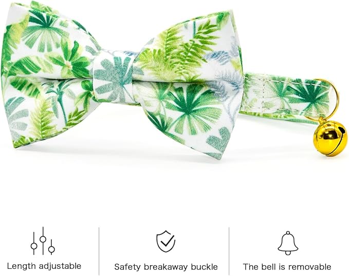 Bow Tie Cat Collar Set, Summer Hawaiian Palm Green, Wedding/Birthday Gift for Cat, Cat Accessories, XS (8" - 13")