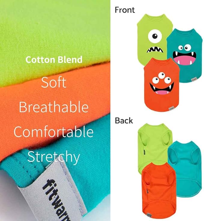 Fitwarm 3 Pack Monster Dog Shirt, Lightweight Funny Dog Tshirt, Summer Clothes for Small Dogs Boy Girl, Pet Outfit, Orange, Green, Teal, Small