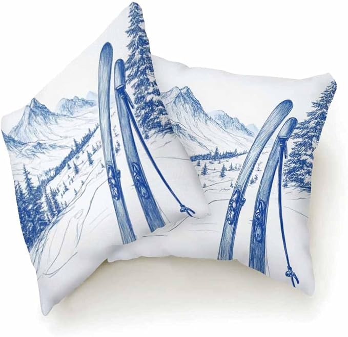 Pillow Case Ski Mountains Exciting Outdoors Sport with Skateboard in Winter Season Soft Decorative Set of 2,Square Home Decor Pillow Covers for Sofa Bedroom Car Couch 18X18 Inch