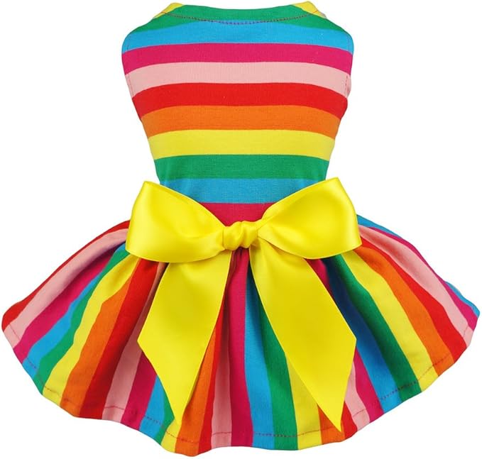 Fitwarm Rainbow Striped Dog Dress, Summer Dog Clothes for Small Dogs Girl, Pet Cat Outfit, 100% Breathable Cotton, Red Yellow Blue, Small