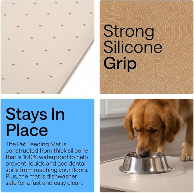 GORILLA GRIP 100% Waterproof Raised Edge BPA Free Silicone Pet Feeding Mat, Dog Cat Food Mats Contain Spills Protects Floors, Placemats for Cats and Dogs Water Bowl, Pets Accessories 28x18 Cream