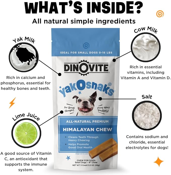 Dinovite YakoSnaks Himalayan Yak Cheese Himalayan Dog Chews, Long Lasting Yak Chews for Dogs, Low Odor Himalayan Dog Chews, Natural Yak Cheese Treats for Small Dogs, 3 Count