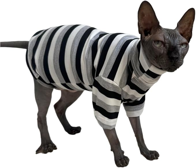 Vintage Stripes Sphynx Hairless Cats Shirt Cotton Cat Turtleneck Pet Clothes Kitten T-Shirts with Sleeves for Sphynx Cats (Black Grey White, Large)