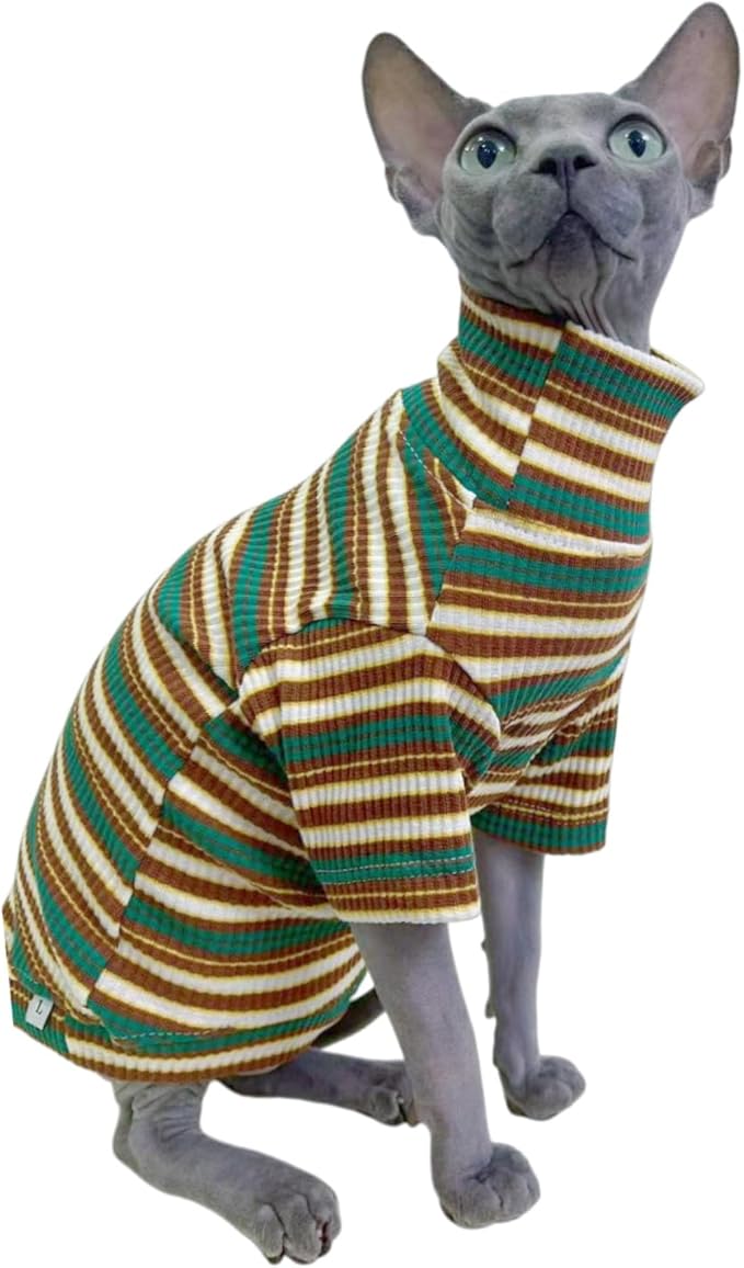 Turtle Neck Vintage Stripes Sphynx Hairless Cat Cotton T-Shirts Pet Clothes Vest Kitten Shirts Sleeveless, Cats & Small Dogs Apparel (Marsh, L (7-8.8 lbs))