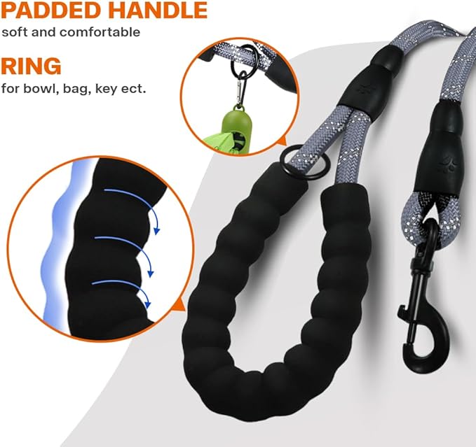 Taglory Rope Dog Leash 5 FT with Comfortable Padded Handle, Highly Reflective Threads Leash and Anti-Tangle Clip for Walking Small Dogs, 3/8 inch, Grey