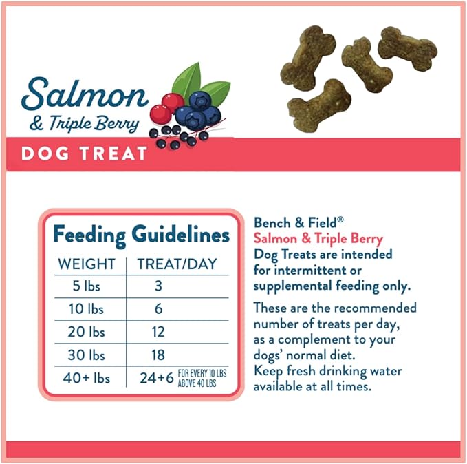 Bench & Field Holistic Natural Salmon & Triple Berry Dog Treats (Pack of 3) | Crunchy Bone-Shaped Bites | Antioxidant Blend, (3) 10-Ounce Bottles