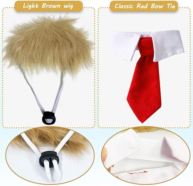 Donald Trump Style Pet Costume Dog Wig, Dog Clothes with Collar and Tie Head Wear for Halloween, Party, Festivals, Christmas(Yellow)