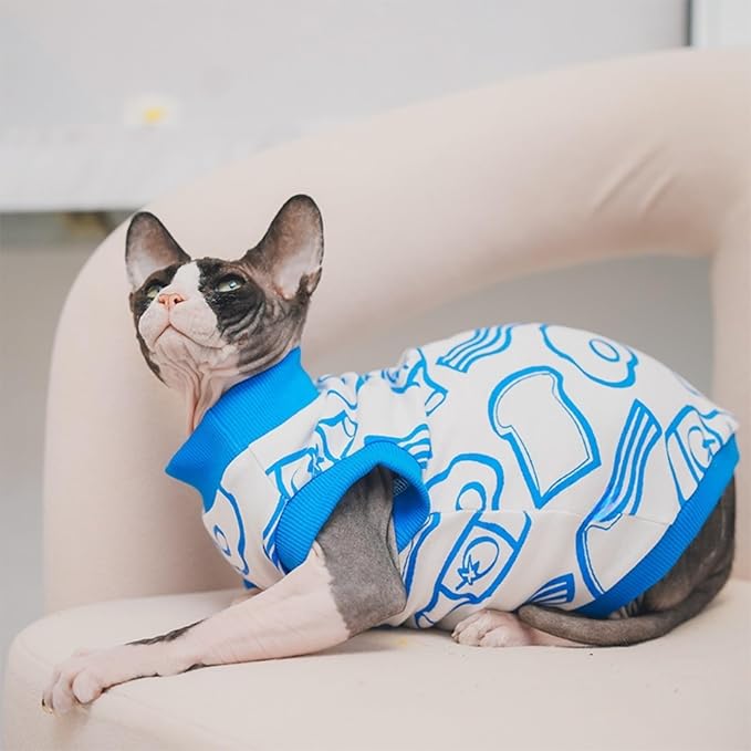 Sphynx Hairless Cat Summer Cotton T-Shirts Cat Vest Pet Clothes, Round Collar Vest Kitten Shirts Sleeveless, Cats & Small Dogs Apparel (Breakfast, L (7.5-8.8 lbs))