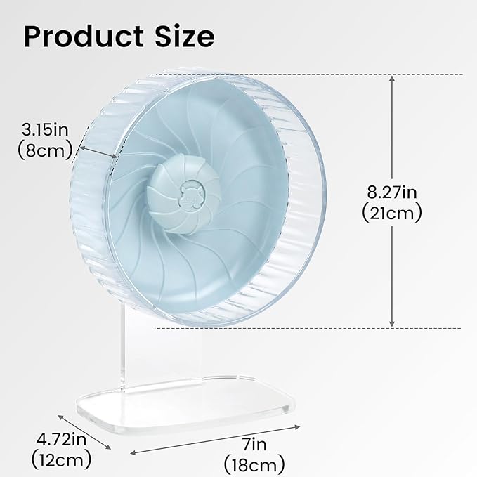 Silent Hamster Wheel, 8in Hamster Wheel with Adjustable Stand, Double-Bearing Quiet Spinner for Syrian Hamsters, Hedgehogs, Mice & Small Pets, Blue