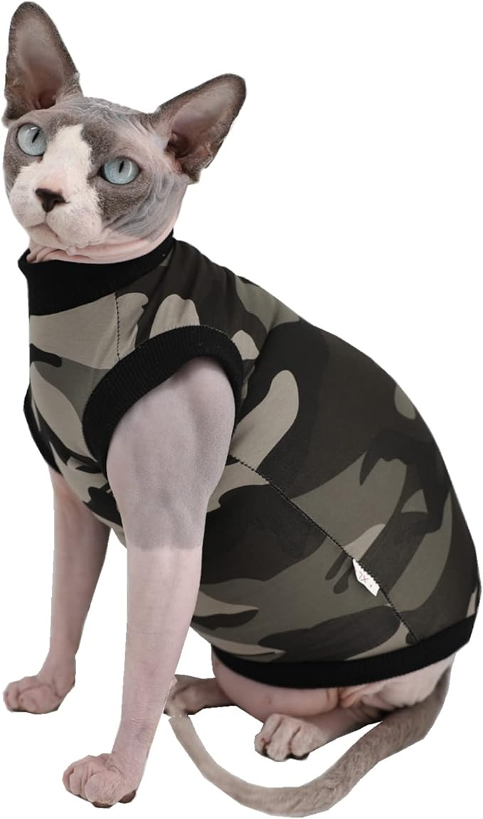 Kitipcoo Cat Vest Pet Clothes, Summer Cotton T-Shirts Pet Clothes,Round Collar Vest Kitten Shirts Sleeveless for Sphynx Hairless Cat (Vest X-Large, Black Camo)
