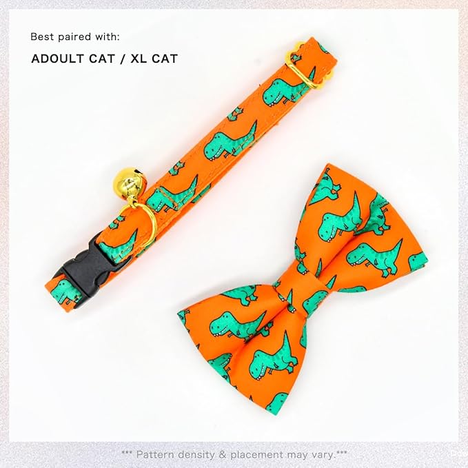 Breakaway Cat Collar Bowtie Bell, Orange Dinosaur T-rax, Wedding/Birthday Gift for Kitten