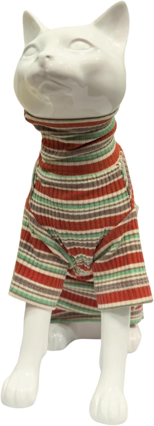 Turtle Neck Vintage Stripes Sphynx Hairless Cat Cotton T-Shirts Pet Clothes Vest Kitten Shirts Sleeveless, Cats & Small Dogs Apparel (Autumn, M (5-6.5 lbs))