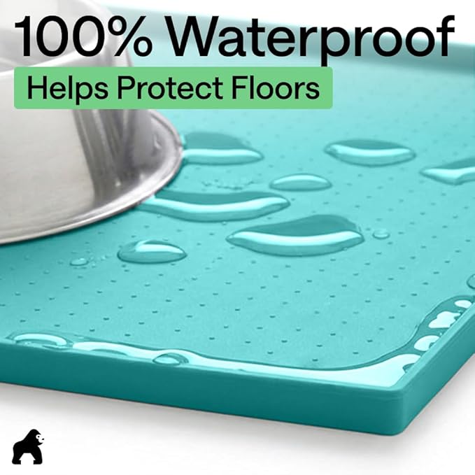 GORILLA GRIP 100% Waterproof Raised Edge BPA Free Silicone Pet Feeding Mat, Dog Cat Food Mats Contain Spills Protects Floors, Placemats for Cats and Dogs Water Bowl, Pets Accessories 32x24 Turquoise