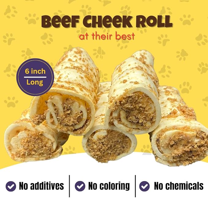 Woofley's 5-6" Bully Dusted Beef Cheek Roll - (50 Count)- Beef Cheek Rolls for Dogs - Long Lasting Natural Dog Chews