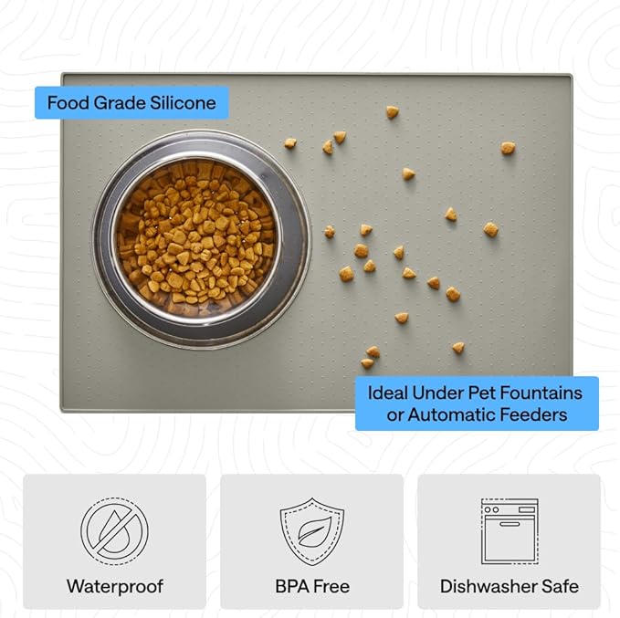 GORILLA GRIP 100% Waterproof Raised Edge BPA Free Silicone Pet Feeding Mat, Dog Cat Food Mats Contain Spills Protects Floors, Placemats for Cats, Dogs Water Bowl, Pets Accessories 28x18 Light Gray