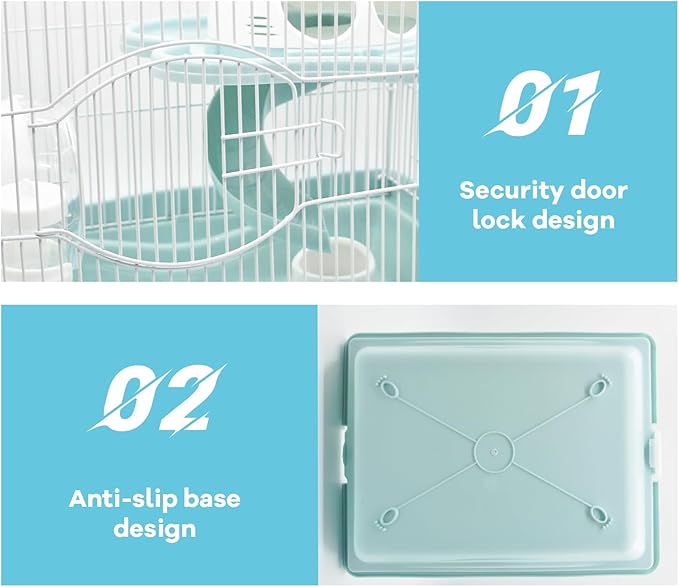 2-Tier Portable Hamster Cage and Habitats,Travel Metal Mouse Cages with Free Water Bottle,Houses and Exercise Wheel for Any Breed of Hamster and Small Animal (14.6x11.0x11.8inch Light Blue)