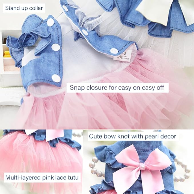 ANIAC Pet Denim Dress with Cute Bow-Knot Comfy Vest Skirt Lace Trim Tutu Summer Spring Clothes for Cats and Small Dogs (Large)