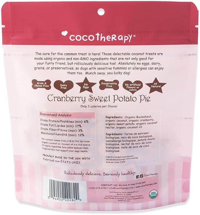 CocoTherapy Coco-Charms Training Treats, 100% USDA Certified Organic, Non-GMO, Vegan, 100% Human Grade, Cranberry Sweet Potato Pie, 5 oz.