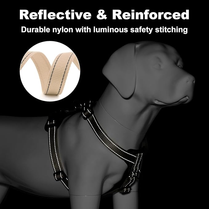 Plutus Pet Adjustable No Pull Dog Harness with Leather Accents, Heavy Duty Reflective Nylon Vest for Training, Hiking, Easy Walk Harness for Small, Medium, Large Dogs (Beige, L)