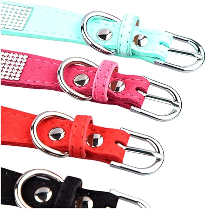 Cute Dazzling Sparkling Elegant Fancy Soft Suede Leather Bling Rhinestone Crystal Jeweled Pet Cat Dog Puppy Collar Dog Leash Combo Set (M, Hot Pink-4)