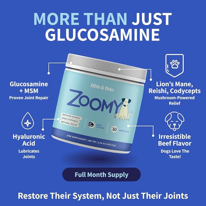 Fifth & Fido Joint Supplement for Dogs - Glucosamine for Dogs - Pet Vitamins and Supplements Powder with Chondroitin & MSM - Hip & Joint Support for Mobility, Stiffness & Flexibility - Mushroom Blend