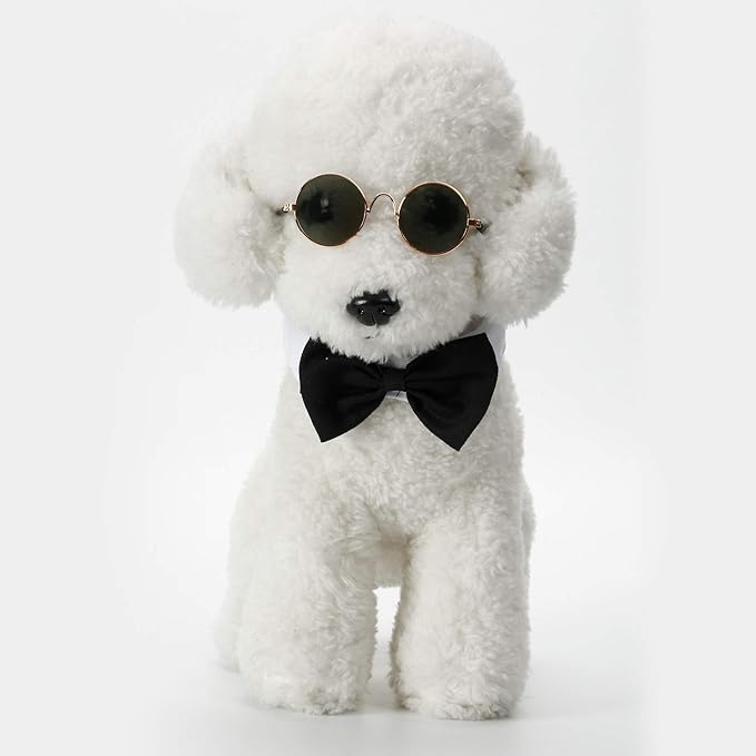 2 Pieces Pets Dog Cat Bowtie Tie Sunglasses Pets Costume Adjustable Formal Necktie Collar for Cats Small Dogs Puppy Round Metal Classic Retro Sunglasses Grooming Accessories Cosplay Party(Black White)