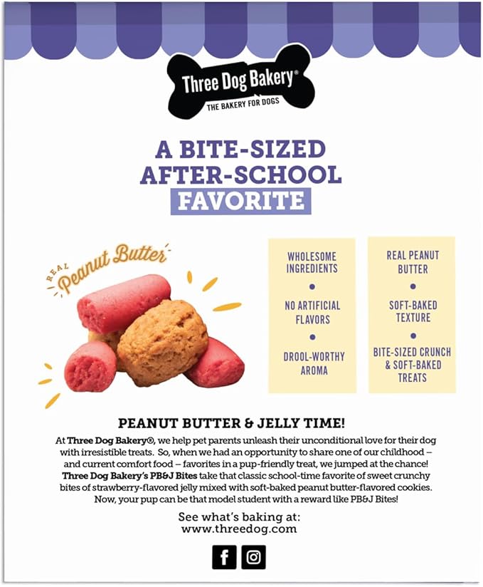 ThreeDog Bakery Soft Baked PB&J Bites Dog-Treats, Peanut Butter and Strawberry Flavor, Soft and Chewy Dog Cookies, Baked in The USA, 13 oz,(Pack of 2)
