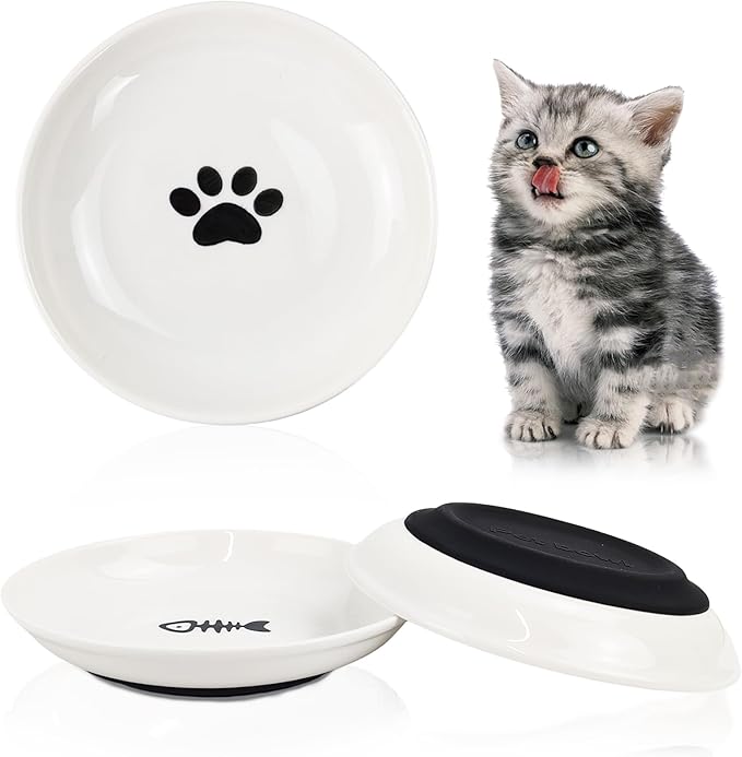 3-Pack Ceramic Cat Food Bowls, Wide Shallow Dish & Anti-Whisker Fatigue, Nonslip Silicone Base for Indoor Cats & Kittens, for Wet/Dry Food & Water