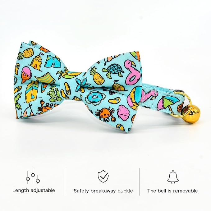 Cat Collar Bow Set, Blue Summer Holiday, Wedding/Birthday Breakaway Collar Bowtie for Kitten/Cat