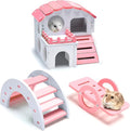 3 Pieces Fun Hamster Guinea Pig Hideout Kit Include PVC Hamster House, Rainbow Bridge, Seesaw DIY Exercise Playhouse for Rats Mouse Small Animals(Small,Pink)