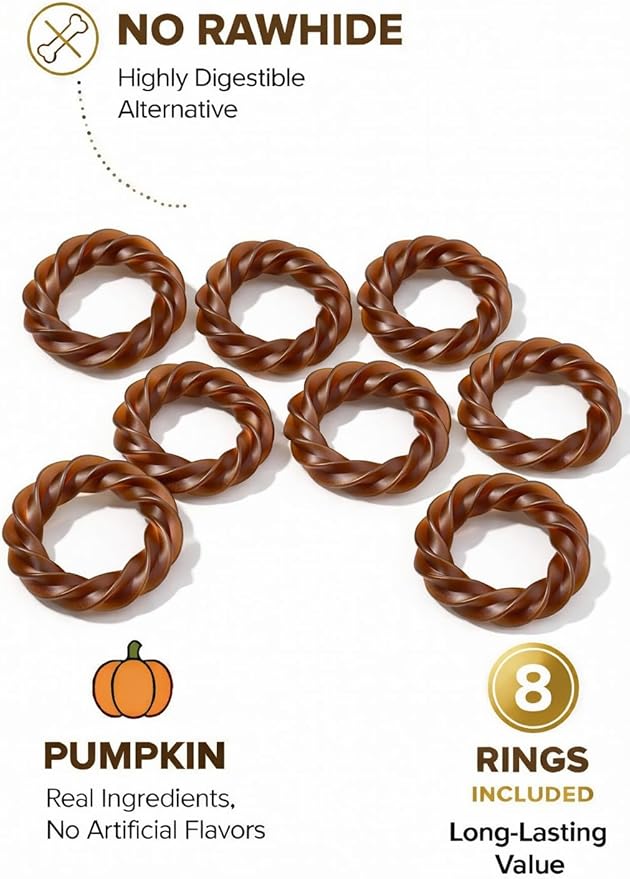 No Rawhide Puppy Teething Rings – Pumpkin (8 Rings) Grain Free Rawhide Alternative Teething Treats for Puppies