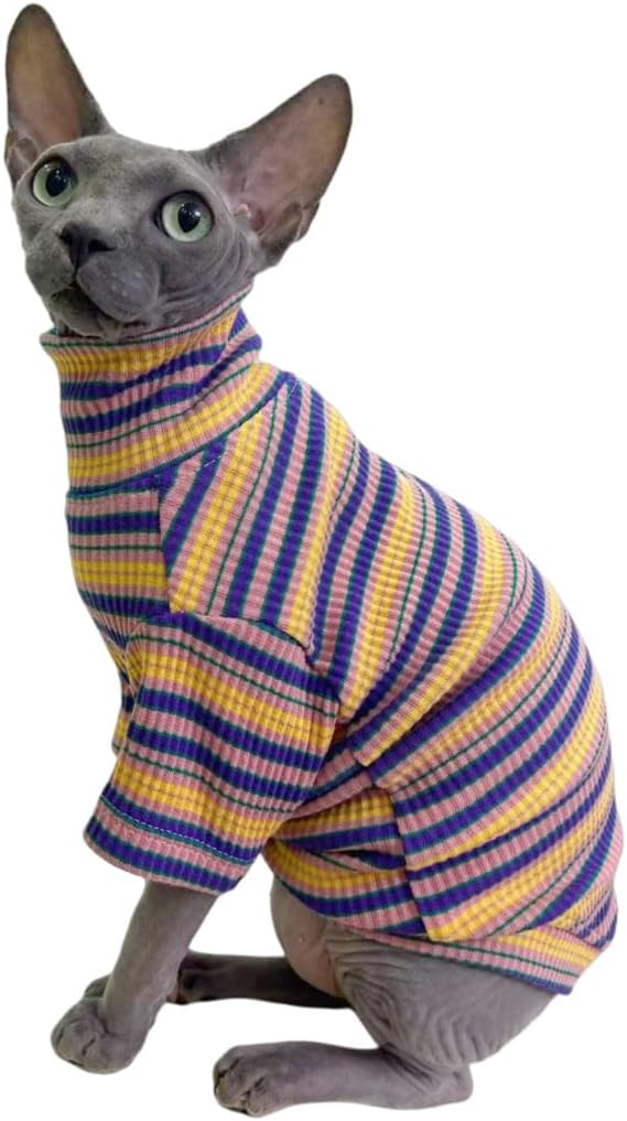 Turtle Neck Vintage Stripes Sphynx Hairless Cat Cotton T-Shirts Pet Clothes Vest Kitten Shirts Sleeveless, Cats & Small Dogs Apparel (Rose Garden, XS (2-3 lbs))