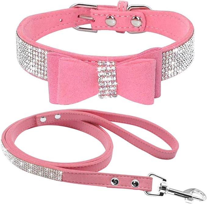 Cute Dazzling Sparkling Elegant Fancy Soft Suede Leather Bling Rhinestone Crystal Jeweled Pet Cat Dog Puppy Collar Dog Leash Combo Set (XS, Pink-1)