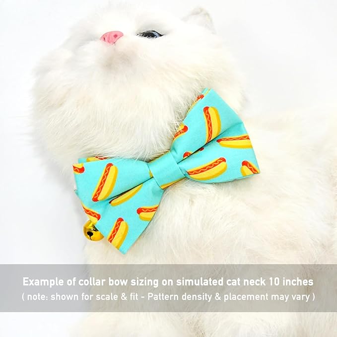 Hot Dog Cat Collar Bow Tie, Blue Cat Collar, Breakaway Safety Collars, Wedding/Birthday Cat Accessories, Adjustable Bowtie, Removable Jingle Bell
