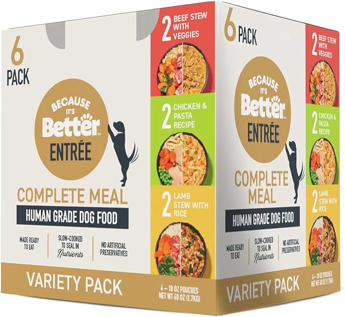 Because It's Better Entrée Complete Meal, Variety Pack, Human Grade Wet Dog Food, 10 oz Pouches, 6 Count