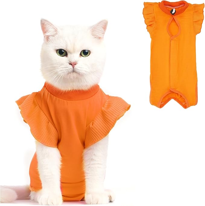 Avont Cat Recovery Suit - Post-Surgery Onesie for Cats, Alternative to Cone of Shame, Protective Spay Suit for Female Kitten, Ideal for Healing and Skin Conditions -Orange(S)
