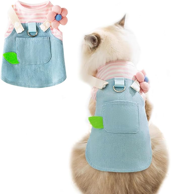 ANIAC Denim Small Puppy Dress 3D Flowers Girl Dog Clothes with D-Ring and Pocket Striped Female Cat Harness Dresses Shih Tzu Yorkies Chihuahua Outfits Summer Pet Clothing (X-Large, 3D Pink Flowers)
