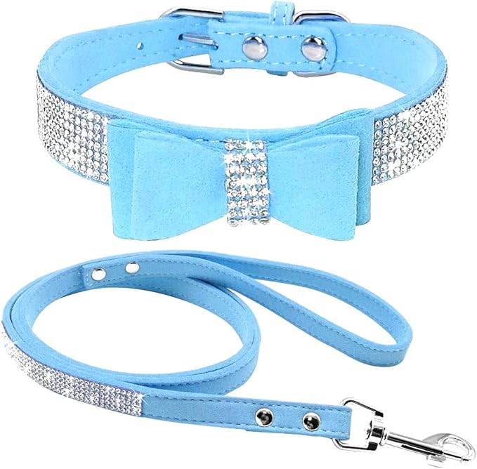 Cute Dazzling Sparkling Elegant Fancy Soft Suede Leather Bling Rhinestone Crystal Jeweled Pet Cat Dog Puppy Collar Dog Leash Combo Set (XS(Neck8-10), Light Blue-1)